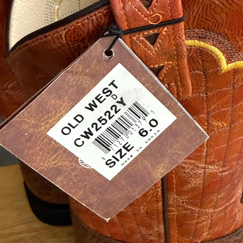 NWT Old West CW2522Y Brown Orange Leather Youth Cowboy Boots Sz 6‎ Fits Wmns 8
